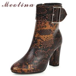 Meotina Winter Ankle Boots Women Snake Print Buckle Thick Heels Short Boots Zipper Super High Heel Shoes Lady Autumn Size 35-43 210608