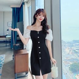 Sexy Beading Summer Off Shoulder Short Dress Spaghetti Strap Party Women Casual Button A-line dress 210529