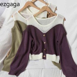 Ezgaga Elegant Fashion Knit Sweater Women Autumn Off Shoulder Hollow Out Sweater Pullover Thin Button Jumper Patchwork Casual 210430