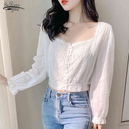 Autumn Square Collar Chiffon Shirt Women Puff Long Sleeve Lace Stitching White Blouse Loose Plus Size Tops 10848 210508