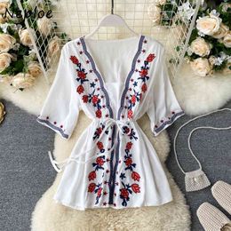 Neploe Bohemian Style Retro Indie Folk T-shirt Summer Embroidery Square Drawstring Slim Wasit Tops Women TShirts 82074 210423