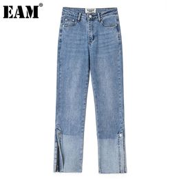 [EAM] High Waist Blue Zipper Split Straight Denim Trousers New Loose Fit Pants Women Fashion Tide Spring Autumn 2021 1DD5720 Q0801