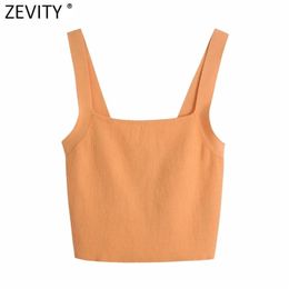 Zevity Women Spaghetti Strap Orange Colour Chic Camis Tank Lady Summer Back Lower Knitting Short Sling Vest Crop Tops LS9177 210625