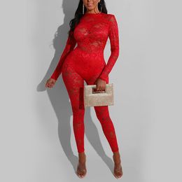 Women Sexy Backless Lace Jumpsuit Skinny Bodycon Red Black Long Sleeves Clubwear Night Date Out Elastick Large Size Ladies 210416