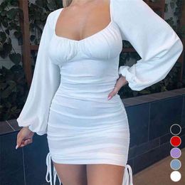 White Long Sleeve Bodycon Dres Summer Off Shoulder Sexy Mini Drawstring Ruched Puff Short Party Black 210623