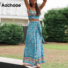Floral Printed Women Two Piece Set Top And Pants Boho Outfits Summer Sexy Camisole Tops Wide Leg Trousers Casual Sets 210413