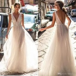Bride 2022 Summer Lace Wedding Dresses Backless Deep V Neck Lace Appliqued Boho Bridal Gowns Illusion Bodice Tulle Wedding Dress CPH0185