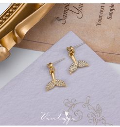 2021 New Arrival Trendy Korean Double Crystal Fishtail Dangle Earrings For Women Fashion Geometric Gold Colour Metal Party