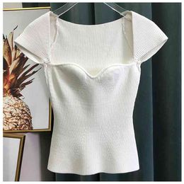 Women Summer Sexy Square Collar Knitted T Shirts Pure Colour Short Sleeve Slim Shirt ops For White ees 210720