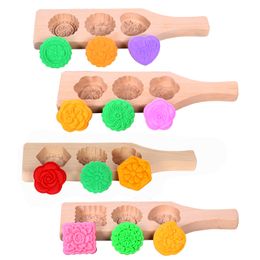 Natural Wood Baking Pastry Tool 3 Holes Cookies Muffins Mould Kitchen Mung Bean Cake Mooncake Mould