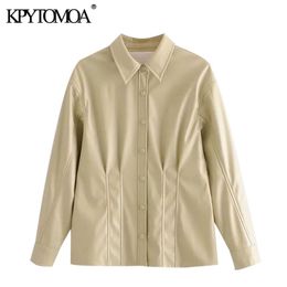 Women Fashion Faux Leather Pleated Bloues Long Sleeve Snap-button Female Shirts Blusas Chic Tops 210420