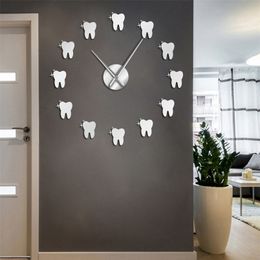 Contemporary Acrylic Mirror Effect Tooth 3D DIY Wall Clock Dentist Teeth Dental Office Wall Art Deco Clock Watch Gift For Doctor 211110