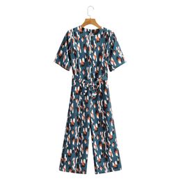 Fashion Round Neck Short Sleeve Flower Print Women Rompers Vintage Belt Straight and Loose Chic Female Jumpsuit 210507