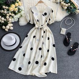 Women's Summer Spring Vintage Dress Puff Sleeve Dot High Waist Minority Bandge V Neck Ladies Casual 210520