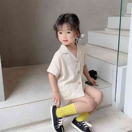 Summer thin cotton solid Colour clothes set unisex short sleeve single-breasted Tee and shorts Boys girls 2 pcs sets 210708