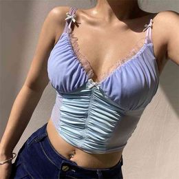 HEYounGIRL Summer Patchwork Mesh Sexy Crop Top T Shirt Ladies Backless Milkmaid Sleeveless Top Women V Neck Frill Tshirt Party 210406