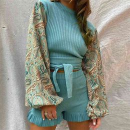 Fashion Women 2 Piece Outfits Casual O-Neck Patchwork Print Long Lantern Sleeve Lace Up Tops+Elastic High Waist Shorts Lady Sets 210522