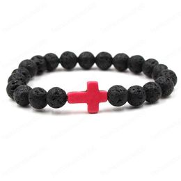 Religiösa Kors Turkos Armband Natursten Lava Rock Bangle Smycken 8mm Yoga Beads Essential Oil Diffuser Armband