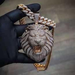 Mens Hip Hop Jewelry High Quality Gold Plated Full Sparkling CZ Big Lion Pendant Necklace for Men Punk Necklace