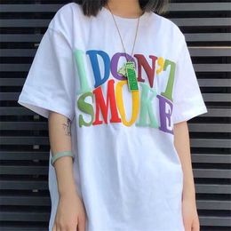 Female T-Shirt Rainbow Letter Printed Tee Summer Fashion Casual All-Matchwork Gothic 100% Cotton Tops Clothes 210527