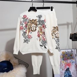 Autumn Winter Tops Women Korean Fashion Sequin Embroidery Flower Loose Knitted Sweater + Harem Pants Two Piece Set Ladies 220315