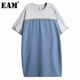 [EAM] Women Blue Big Size Spliced Pleated Dress Round Neck Short Sleeve Loose Fit Fashion Spring Summer 1DD7253 210512