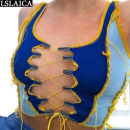 Tank Top Sleeveless Hollow Out Sexy Color Matching Criss-Cross Bandage Crop Slim Knitted s For Women Vetement Femme 210520