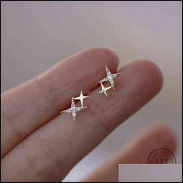 Charm Earrings Jewellery 925 Sterling Sier Japanese Micro Inlaid Crystal Four-Pointed Star Plating 14K Gold Women Small Cute Banquet Drop Deli