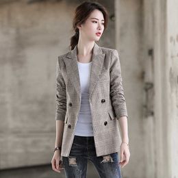 Office Ladies Plaid Blazer Long Sleeve Double Breasted Jacket Coat with Pocket Plus Size Women Blazer Alfaiataria Feminino 210625