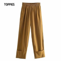 Toppies Summer Suit Pants Rolled Hem High Waist Pants Woman Trousers Leisure Clothes Ankle Length 210412