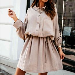Women Fashion Shirt Dress Casual Turn-down Collar Batwing Sleeve Single Buttons Drawstring Mini Dress Elegant Solid Party Dress 210412