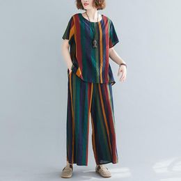 Women's Two Piece Pants High Waist Wide Leg Tops Shirt Fashion Women Clothes Set Thin Soft Cotton Stripes Summer Casual Vintage Suit