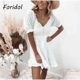 Foridol Casual Brief White Summer Dress Women Vintage Ruffled Boho Beach Dress Short Sleeve A-line Mini Vestido Feminino 210415