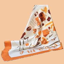 HuaJun 2 Store|| Ladies must-have "Monsieur et Madame" 90 silk square Twill inkjet scarf Hand-curled small quantity