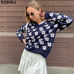 oversize blue floral Sweater Pullover winter autumn thick v-neck chic sweater long sleeve sweater top 211215