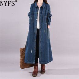 NYFS Big size Loose Single Breasted Denim Trench Coat Women Vintage Solid color Long Windbreaker 210914