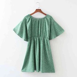 Summer Women Floral Print Green Mini Dress Female Slash Neck Flare Sleeve Clothes Casual Lady Loose Vestido D7750 210430