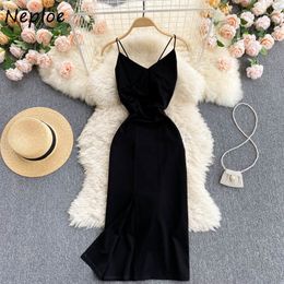 Neploe V Neck Sleeveless Shoulder Strapless Sexy Camis Dress Women High Waist Hip A Line Long Vestidos Black Temperament Robe 210510