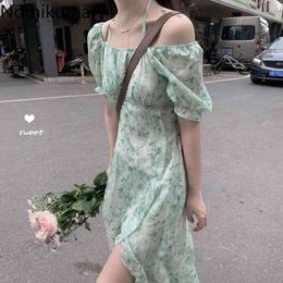 Nomikuma Summer Chiffon Dress Women Slim Waist Short Puff Sleeve Midi Dresses Casual Sweet Arrival Floral Printed Vestidos 210514