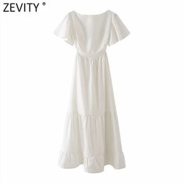 Women Fashion Solid Colour Pleat Elastic Backless Casual Midi Dress Female Chic Buttersly Sleeve Summer Vestido DS8220 210420