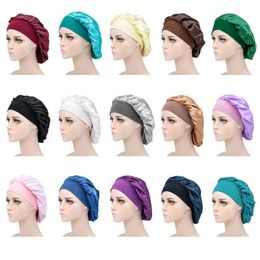 Solid Colour Wide Band Satin Bonnet Caps Women Hair Care Night Sleep Hat Head Wrap Fashion Accessories