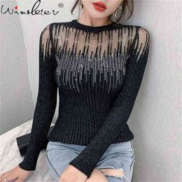 Autumn Winter Korean Clothes Knit T-shirt Sexy Diamonds Transparent Women Tops Ropa Mujer Shirt Long Sleeve Elastic Tees T08415L 210406