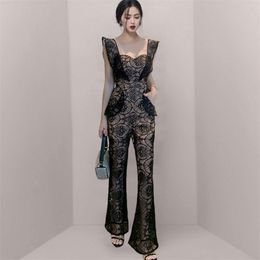 Sexy Lace Backless Women Square Collar Sleeveless Jumpsuits Ladies Elegant Fashion OL High Waist Slim Black Flare Rompers 210519