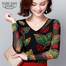 spring elegant bottoming shirt Lace long sleeve V-neck Lady tops Plus size and mesh women fashion blouse 2832 50 210417