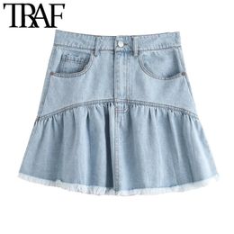 TRAF Women Sweet Fashion Frayed Tassel Patchwork Denim Mini Skirt Vintage High Waist Zipper Female Skirts Faldas Mujer 210415