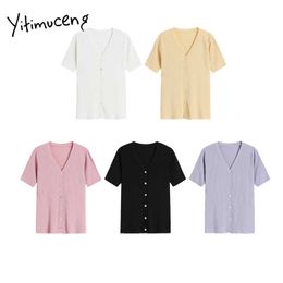 Yitimuceng T Shirts Woman Button Up Tees Unicolor White Black Purple Pink Tops Summer Korean Fashion Knitted Tshirts 210601