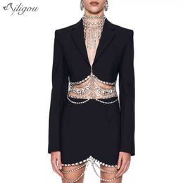 Blazer Mini Skirt Black Two-Piece Women Beaded Tassel High Waist Sexy Suit Summer Streetwear 210527