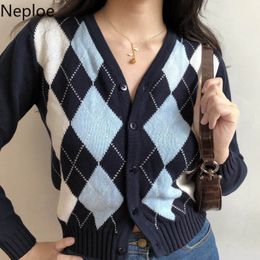 Neploe Plaid Knitted Sweaters Women Vintage Single Breasted Long Sleeve Cardigans Fashion V Neck Slim Fit Female Coats 1D185 210423