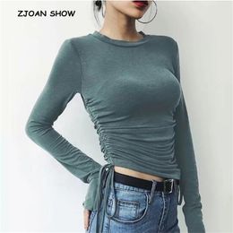 Vintage Lacing up Bandaged Waist T-shirt Woman Slim Fit t shirt Round collar long sleeve tee Autumn Tops 8 Colours 210429