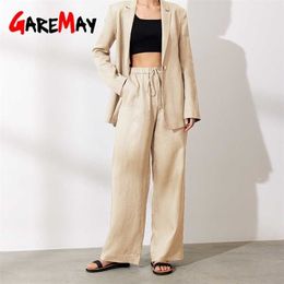 Cotton Linen Pants for Women Stacked Loose Vintage Plus Size Solid Basic High Waist Wide Leg Khaki Trousers Summer Women's 211115